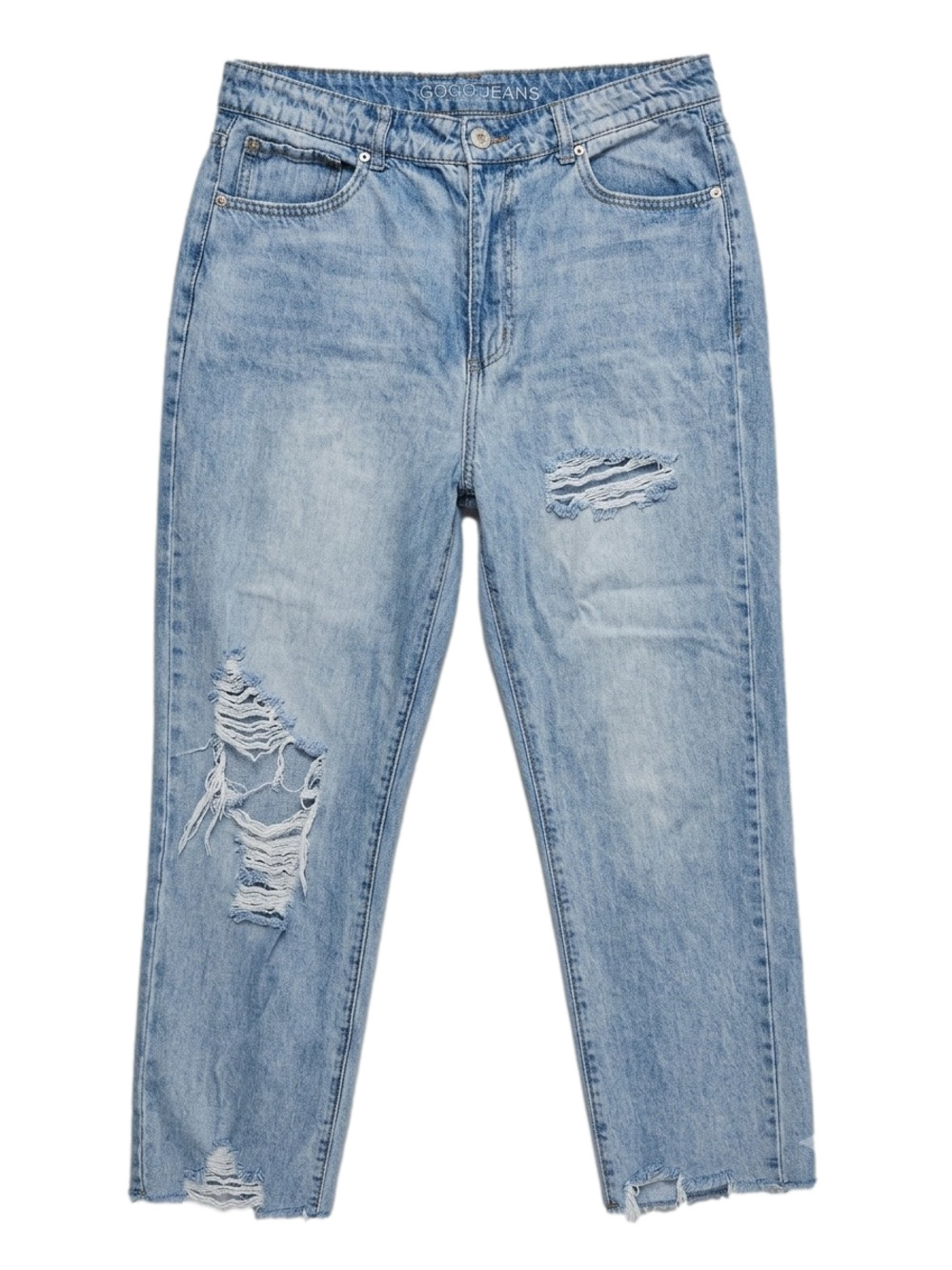 Gogo Jeans Light Wash Distressed High Rise Mom Jeans Ripped Straight Leg Size 15